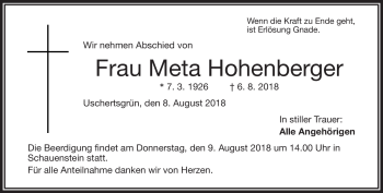 Traueranzeige von Meta Hohenberger von Frankenpost