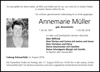 Traueranzeige von Annemarie Müller von Neue Presse Coburg