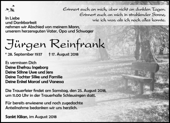 Traueranzeige von Jürgen Reinfrank von Südthüringer Presse