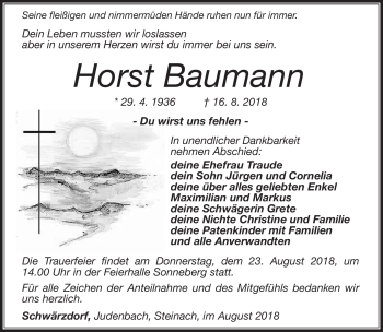 Traueranzeige von Horst Baumann von Südthüringer Presse