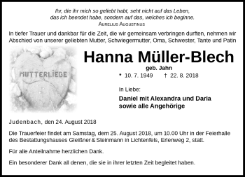 Traueranzeige von Hanna Müller-Blech von Südthüringer Presse