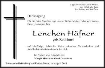 Traueranzeige von Lenchen Häfner von Südthüringer Presse