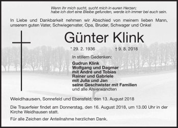 Traueranzeige von Günter Klink von Neue Presse Coburg