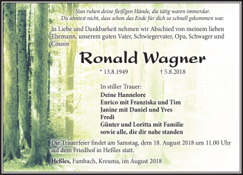Traueranzeige von Ronald Wagner von Südthüringer Presse