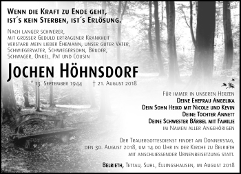 Traueranzeige von Jochen Höhnsdorf von Südthüringer Presse
