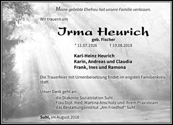 Traueranzeige von Irma Heurich von Südthüringer Presse