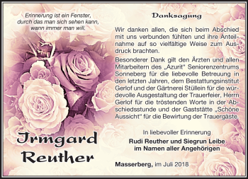 Traueranzeige von Irmgard Reuther von Südthüringer Presse