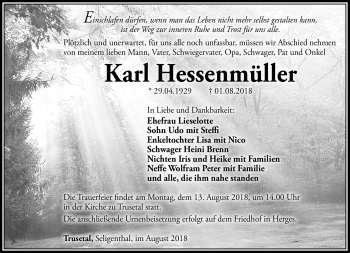 Traueranzeige von Karl Hessenmüller von Südthüringer Presse