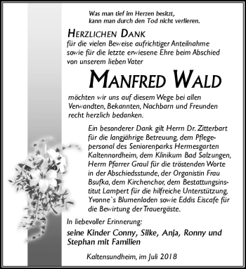 Traueranzeige von Manfred Wald von Südthüringer Presse