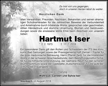Traueranzeige von Hartmut Iser von Südthüringer Presse
