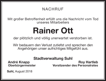 Traueranzeige von Rainer Ott von Südthüringer Presse