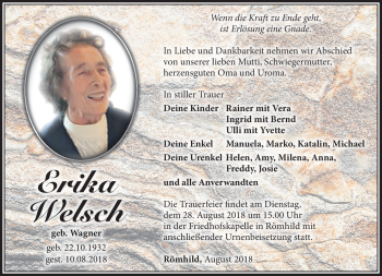Traueranzeige von Erika Welsch von Südthüringer Presse