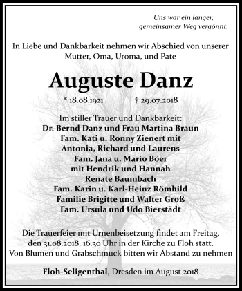 Traueranzeige von Auguste Danz von Südthüringer Presse