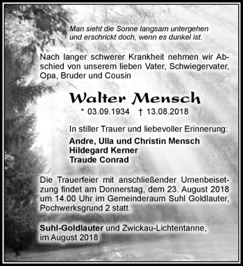 Traueranzeige von Walter Mensch von Südthüringer Presse