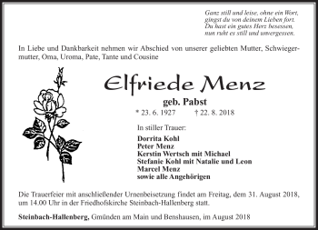 Traueranzeige von Elfriede Menz von Südthüringer Presse