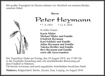Traueranzeige von Peter Heymann von Südthüringer Presse