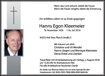 Traueranzeige von Hanns Egon Kleemeier von Frankenpost