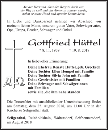 Traueranzeige von Gottfried Hüttel von Südthüringer Presse