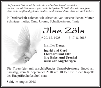 Traueranzeige von Ilse Zöls von Südthüringer Presse