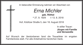 Traueranzeige von Erna Michler von Frankenpost