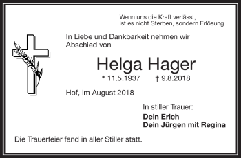 Traueranzeige von Helga Hager von Frankenpost