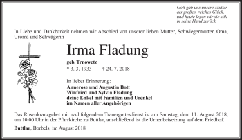 Traueranzeige von Irma Fladung von Südthüringer Presse