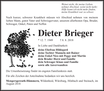 Traueranzeige von Dieter Brieger von Südthüringer Presse