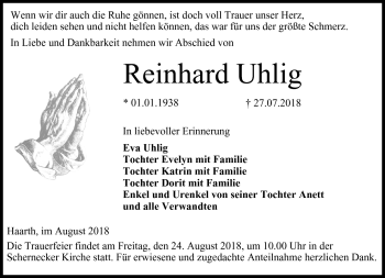 Traueranzeige von Reinhard Uhlig von Neue Presse Coburg