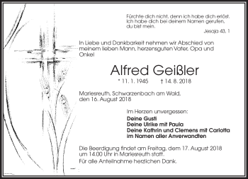 Traueranzeige von Alfred Geißler von Frankenpost