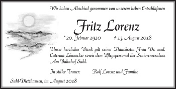 Traueranzeige von Fritz Lorenz von Südthüringer Presse