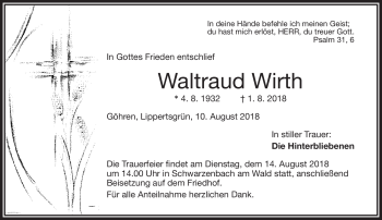 Traueranzeige von Waltraud Wirth von Frankenpost