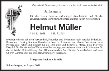 Traueranzeige von Helmut Müller von Südthüringer Presse