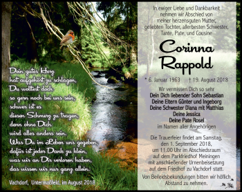 Traueranzeige von Corinna Rappold von Südthüringer Presse