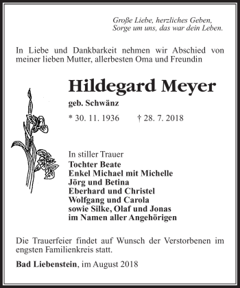 Traueranzeige von Hildegard Meyer von Südthüringer Presse