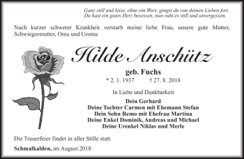 Traueranzeige von Hilde Anschütz von Südthüringer Presse