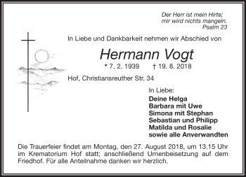 Traueranzeige von Hermann Vogt von Frankenpost