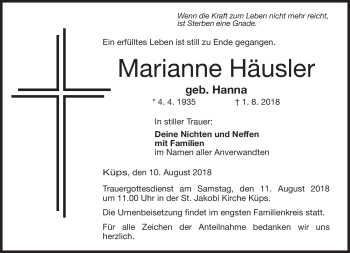 Traueranzeige von Marianne Häusler von Neue Presse Coburg