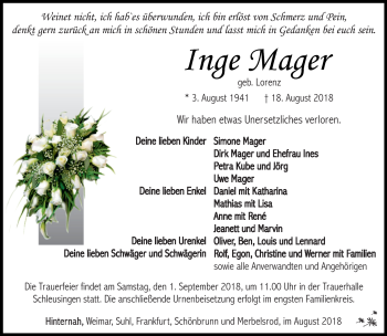Traueranzeige von Ingeborg Mager von Südthüringer Presse