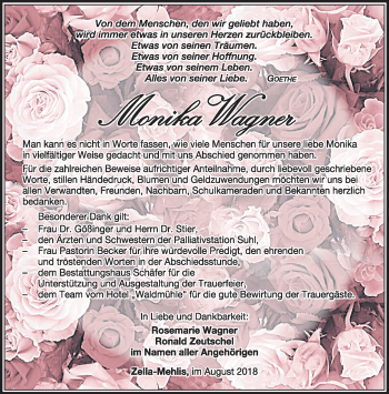 Traueranzeige von Monika Wagner von Südthüringer Presse