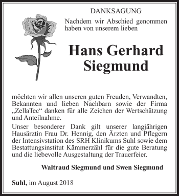 Traueranzeige von Hans Gerhard Siegmund von Südthüringer Presse