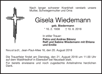 Traueranzeige von Gisela Wiedemann von Neue Presse Coburg