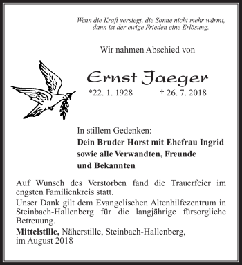 Traueranzeige von Ernst Jaeger von Südthüringer Presse