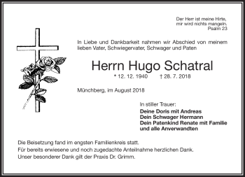 Traueranzeige von Hugo Schatral von Frankenpost