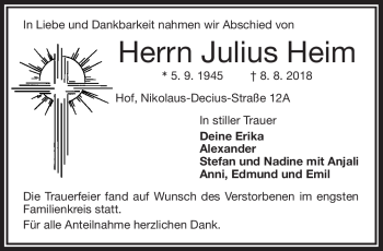 Traueranzeige von Julius Heim von Frankenpost