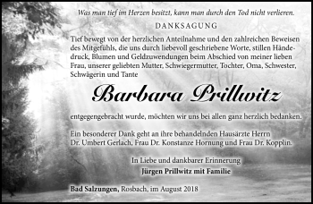 Traueranzeige von Barbara Prillwitz von Südthüringer Presse