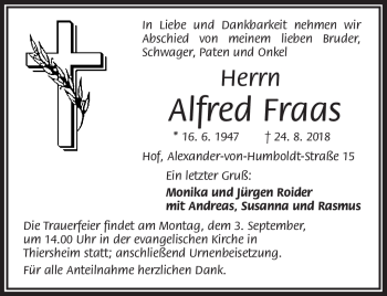 Traueranzeige von Alfred Fraas von Frankenpost