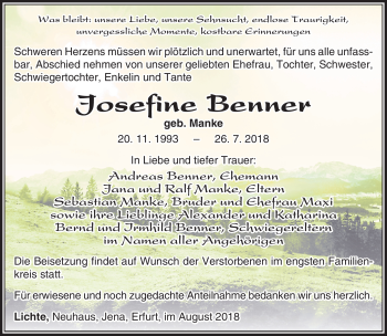 Traueranzeige von Josefine Benner von Südthüringer Presse