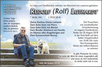 Traueranzeige von Rudolf Luthardt von Südthüringer Presse