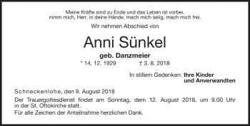Traueranzeige von Anni Sünkel von Neue Presse Coburg