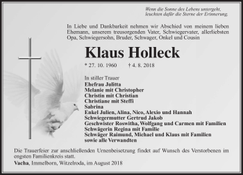 Traueranzeige von Klaus Holleck von Südthüringer Presse